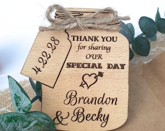 Rustic Mason Jar Wedding Favor Magnet | Personalized Wooden Thank You
