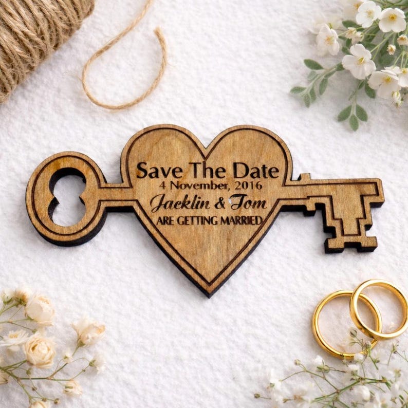 May include: Wooden key-shaped wedding favor with a heart-shaped center. The key reads "Save The Date" with the date "4 November, 2016" and the names "Jacklin & Tom". Two gold wedding bands and flowers are also visible.