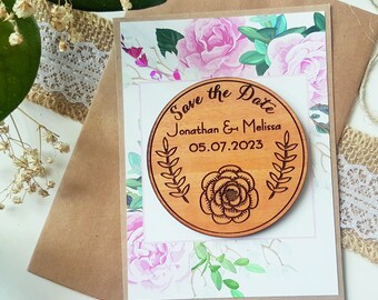 Rustikale Save the date Magneten, Holz save the date Karte, Hochzeitsmagnet, Zweig, Rose druckte Blumen, Frühlingshochzeit, einzigartig