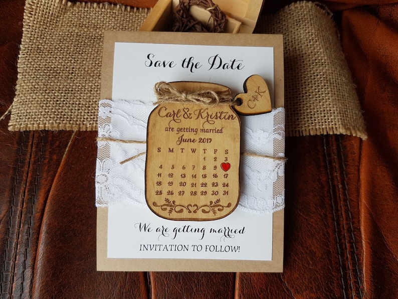 Wooden Save-the-Date Magnet Calendar, Mason Jar Save The Date Wedding magnets, Custom save the date Rustic, Wood save the date invitation image 2