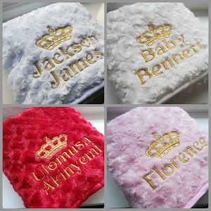 Rose Swirl Baby Blanket Pink Blue Grey Cream White Red Crown Personalised Embroidered Gift