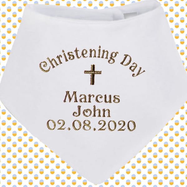 Personalised / Embroidered White Bandana CHRISTENING BAPTISM BIB - Gold Silver