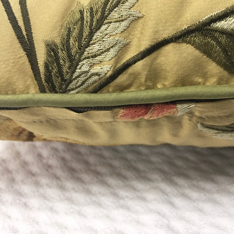 Cover Only Gold Tone Base with Green Vine and Mauve Flower 17x17 Silk Embroidery Pillows