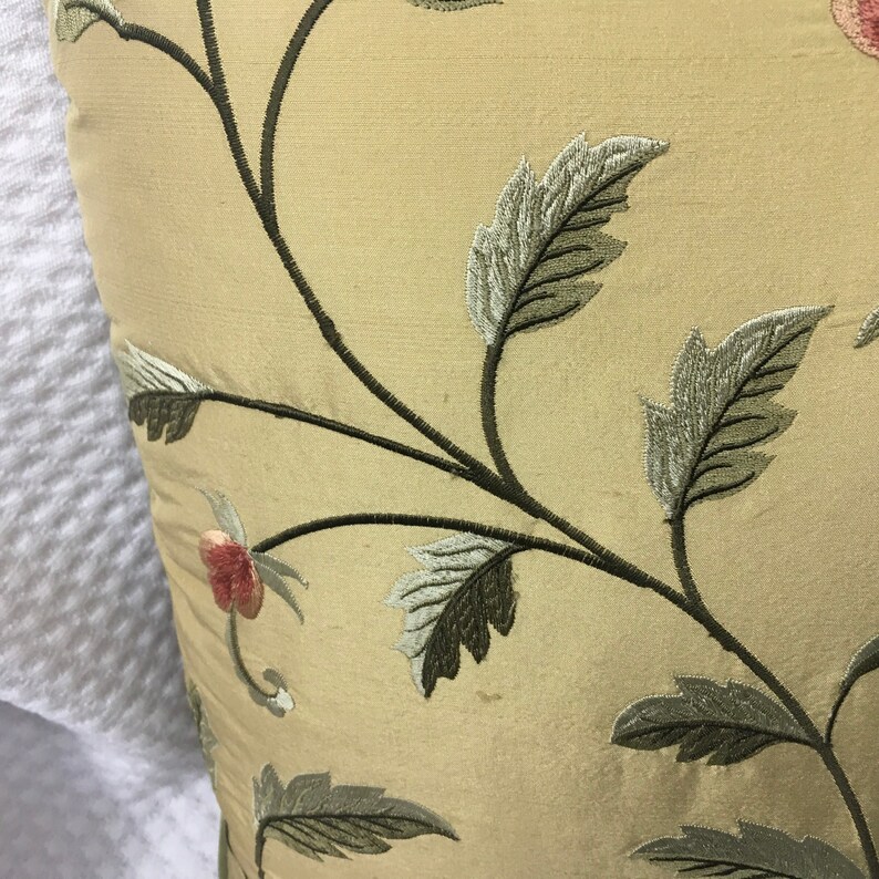 Cover Only Gold Tone Base with Green Vine and Mauve Flower 17x17 Silk Embroidery Pillows