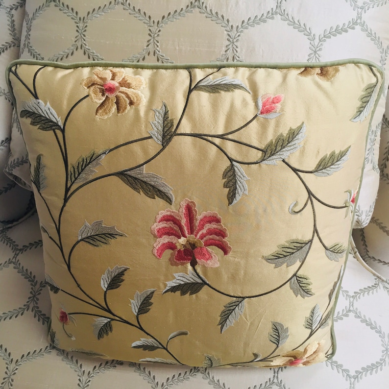 Cover Only Gold Tone Base with Green Vine and Mauve Flower 17x17 Silk Embroidery Pillows