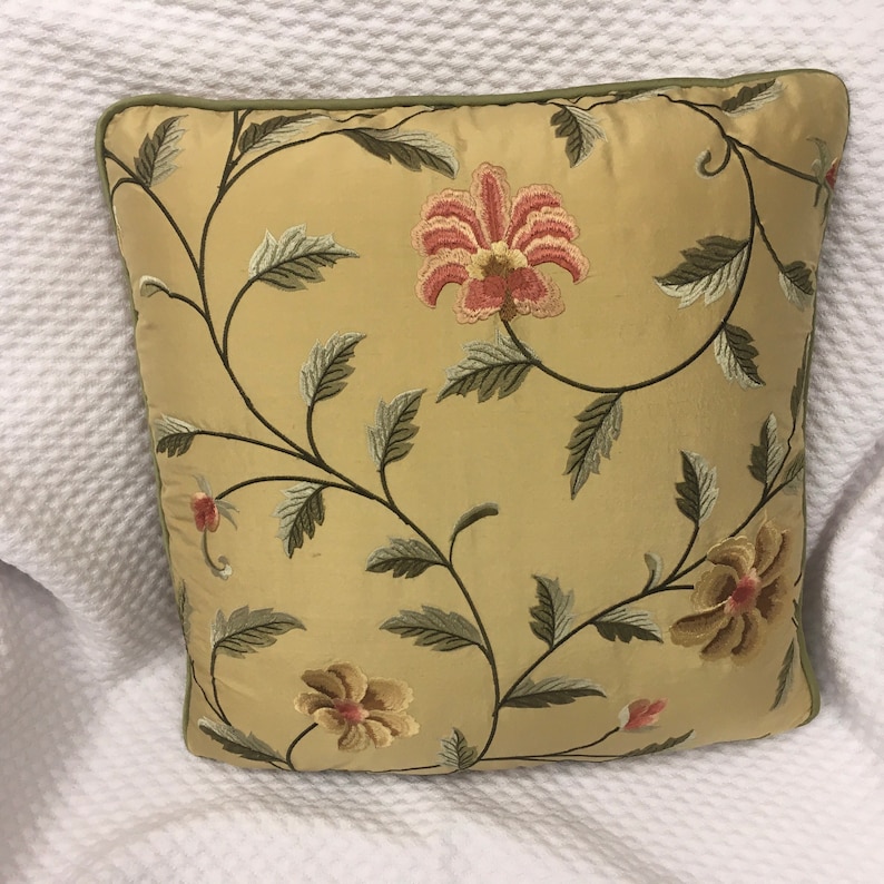 Cover Only Gold Tone Base with Green Vine and Mauve Flower 17x17 Silk Embroidery Pillows