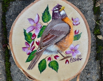 Original Art: American Robin | Apple Blossom | Michigan State | Original Gouache painting on Wood
