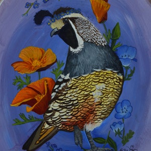 May include: A hand-painted wood slice featuring a colorful quail with a crown of blue flowers, surrounded by orange and yellow poppies and blue forget-me-nots. The background is a light purple.