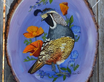 California Quail | Original Gouache Painting on Wood | 10 x 6 x 1 in |