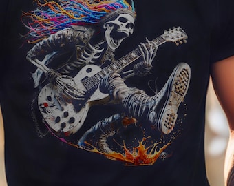 Camiseta unisex con guitarra esqueleto, camiseta de música rock, diseño ColorSkull