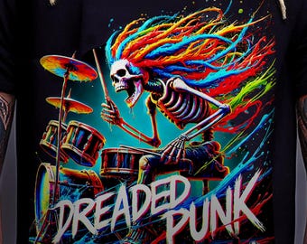 Camiseta unisex con diseño de esqueleto baterista punk temible, ColorSkull