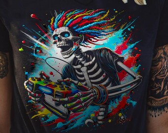Camiseta ColorSkull Skeleton Gamer, camiseta unisex de algodón de cuello redondo