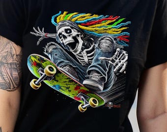 Camiseta de skater esqueleto, camiseta unisex ColorSkull, ropa de skate para Halloween