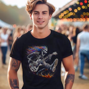 Skeleton Guitar #3, ColorSkull Unisex Tee - Musician Gift, Rock Music Shirt, Musical Skeleton Top, Guitarist Shirt, Music Lover Tee