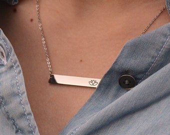 Lotus Flower Horizontal Bar Necklace - Silver, Gold and Rose Gold - Choice of Chain Length