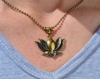 Brass Lotus Flower Charm Pendant Necklace - 2.4mm Antiqued Stainless Steel Ball Chain