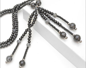 Onyx Juzu - Nichiren Beads - Buddhist Prayer Beads - SGI Beads - with Tourmalinated Quartz, Snowflake Obsidian & Gunmetal - FREE US Shipping