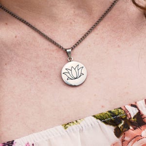 Engraved Lotus Flower Charm Pendant Necklace - Your Choice of Chain Style and Length
