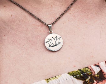 Engraved Lotus Flower Charm Pendant Necklace - Your Choice of Chain Style and Length