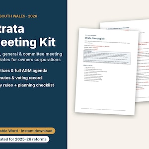 Pode incluir: Um kit de reuniões de condomínio para Nova Gales do Sul 2026, com modelos Word editáveis para associações de proprietários. Inclui agendas de assembleias gerais, avisos, atas, registos de votação e uma lista de verificação de planeamento.