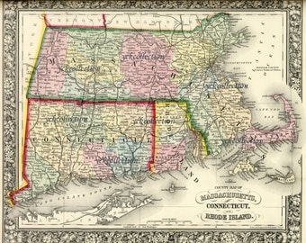 Mapa antiguo de Massachusetts, Connecticut y Rhode Island (1863) (Descarga digital)