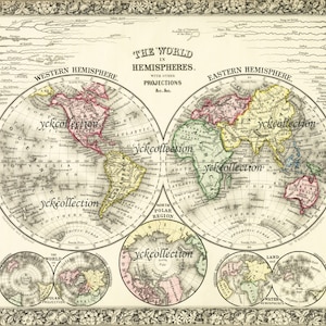Antique World Map 8” x 10” to 30” x 36”   pixels Vintage (1863) Map in Ultra High Resolution Instant Digital Download