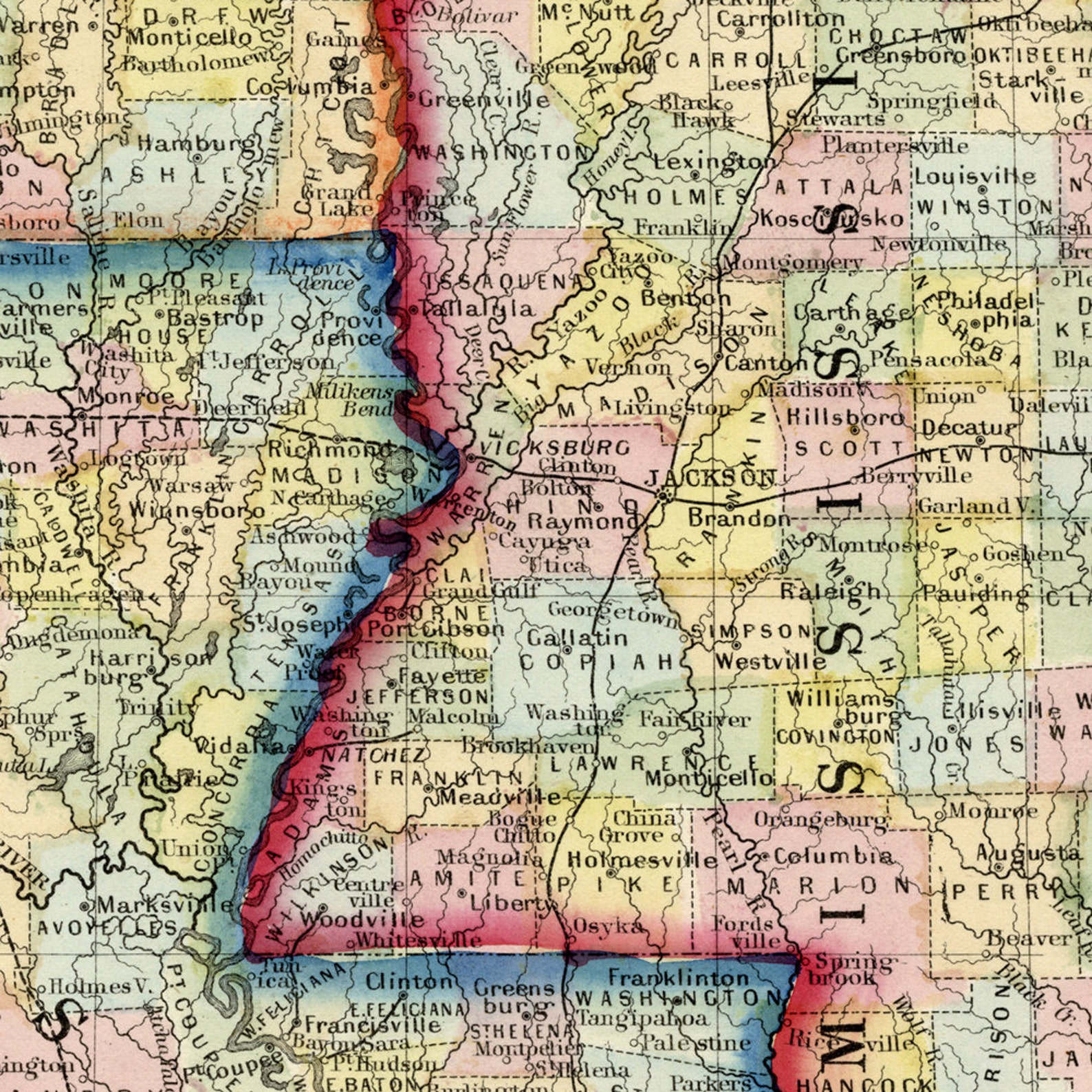 Antique Map of Louisiana, Mississippi and Arkansas 1863 8 X 10 to 32 X