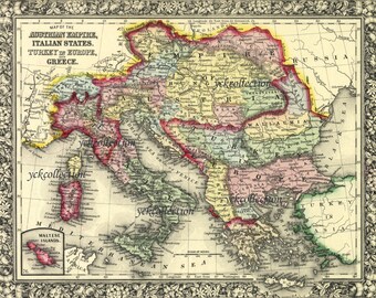 Antique Austrian Empire-Italy-Greece-Turkey in Europe Map (1863) 8” x 10” to 28” x 36”   pixels in Ultra High Resolution Digital Download