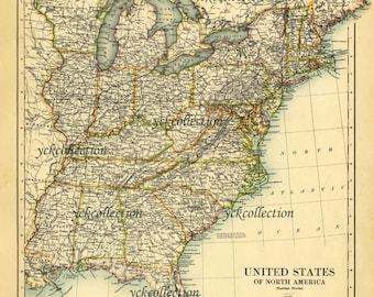May include: Antique map of the United States of North America, Eastern States, with detailed geographical features. The map is in sepia tones with green and yellow highlights, and includes text such as "United States of North America".