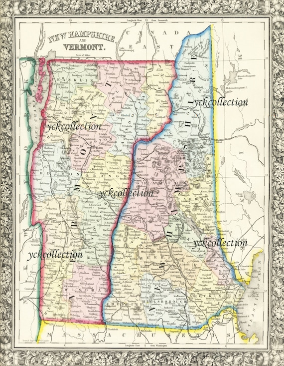Antique Map Of New Hampshire And Vermont 8 X 10 To 28 X 36 Pixels Vintage 1863 Map In Ultra High Resolution Instant Digital Download