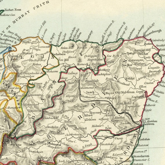 アンティークスコットランド地図印刷物（1856年） - 超高解像度