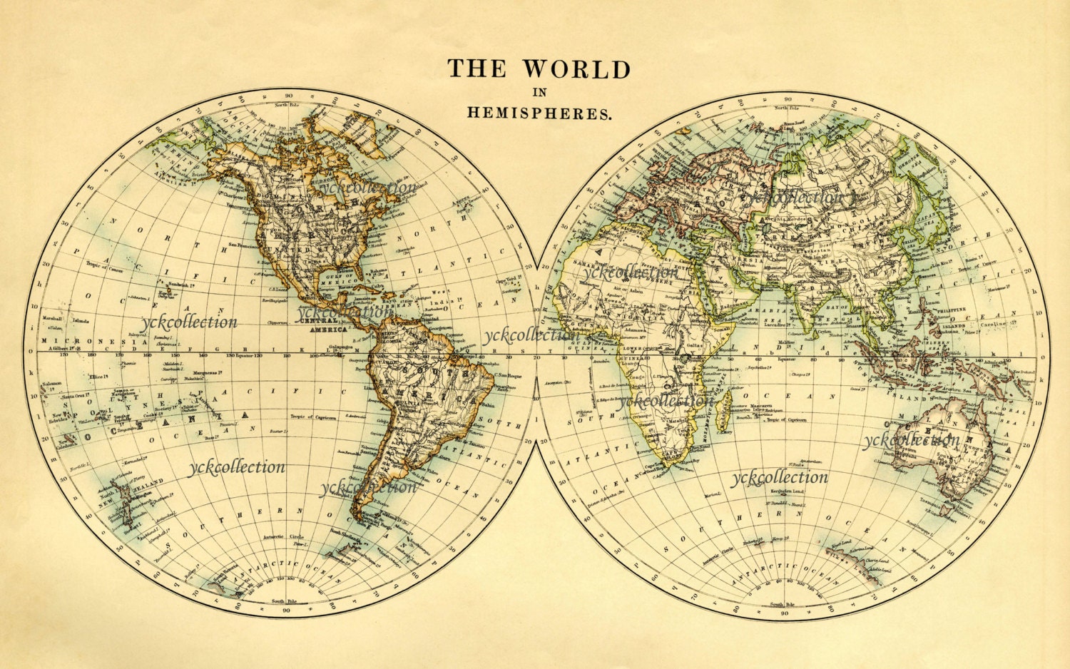 Antique World Map in Hemispheres Vintage (1887) Map 8.5” X