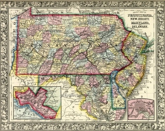 Antique Map of Four Eastern States of USA (1863) 8” x 10” to 32” x 40” 300 dpi instant digital download