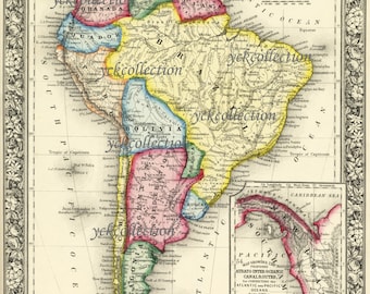 Antique Map of South America 8” x 10” to 32” x 40”   pixels Vintage (1863) Map in Ultra High Resolution Instant Digital Download