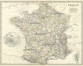 Impressão de mapa da França antiga (1878) - Resolução ultra-alta (download digital)