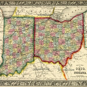 Antique Map of Ohio and Indiana (1863) 8” x 10” to 32” x 40” 300 dpi instant digital download