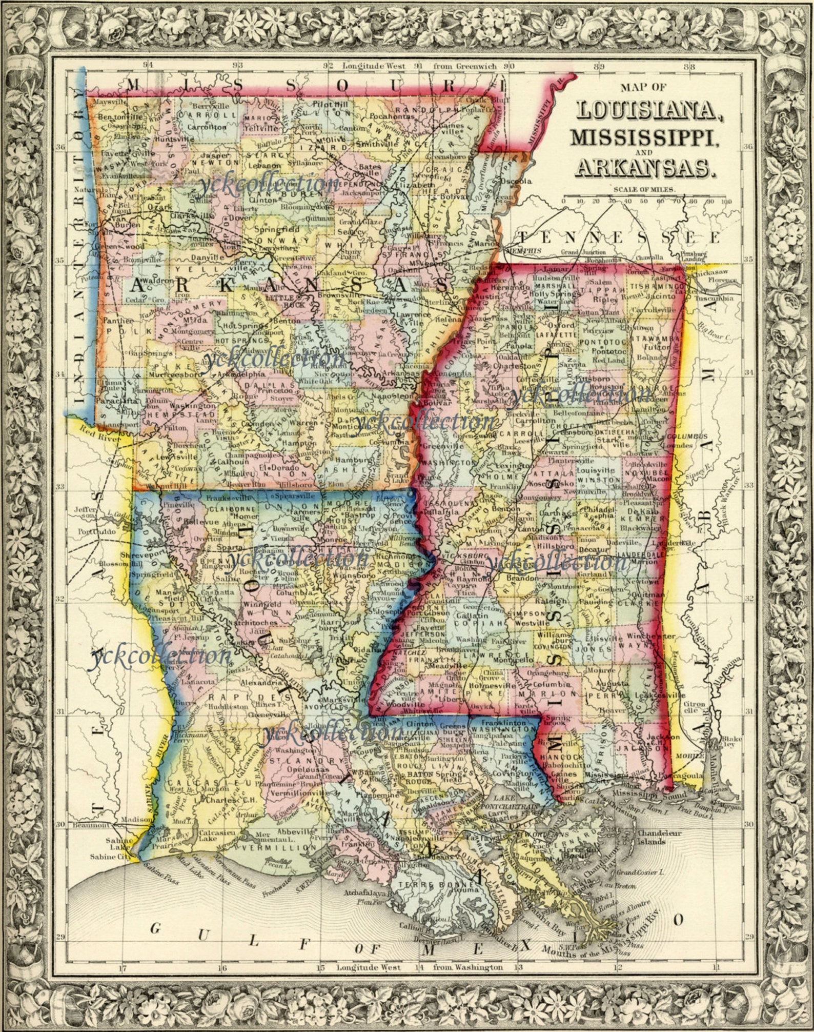Antique Map of Louisiana, Mississippi and Arkansas 1863 8 X 10 to 32 X