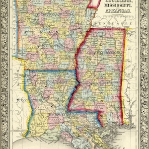 ルイジアナ、ミシシッピ、アーカンソーのアンティーク地図 (1863) 8 x 10 ～ 32 x 40 インチ 300 dpi 即時デジタルダウンロード
