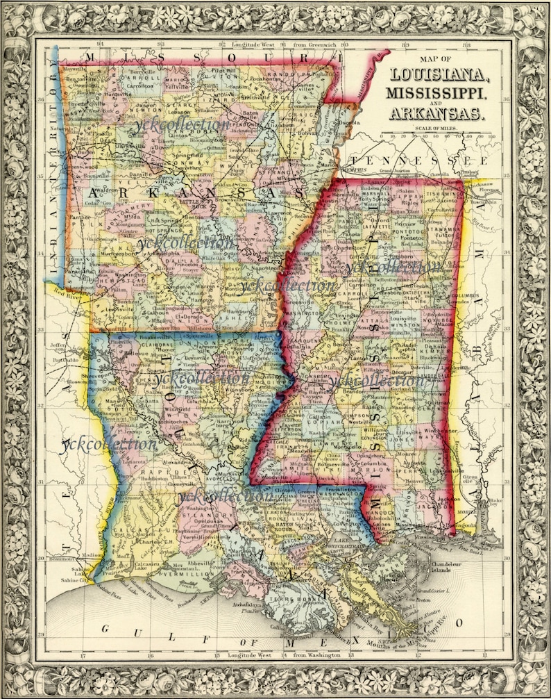 Antique Map of Louisiana, Mississippi and Arkansas 1863 8 X 10 to 32 X 40 300 Dpi Instant