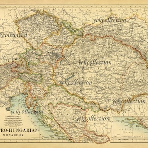 May include: A vintage map of the Austro-Hungarian Monarchy, showing the borders of the empire in 1914. The map is in shades of brown, green, and yellow, with black lines for borders and rivers. The map is titled "Austro-Hungarian Monarchy" and includes the text "Copyright by BARTHOLOMEW, EDINBURGH."