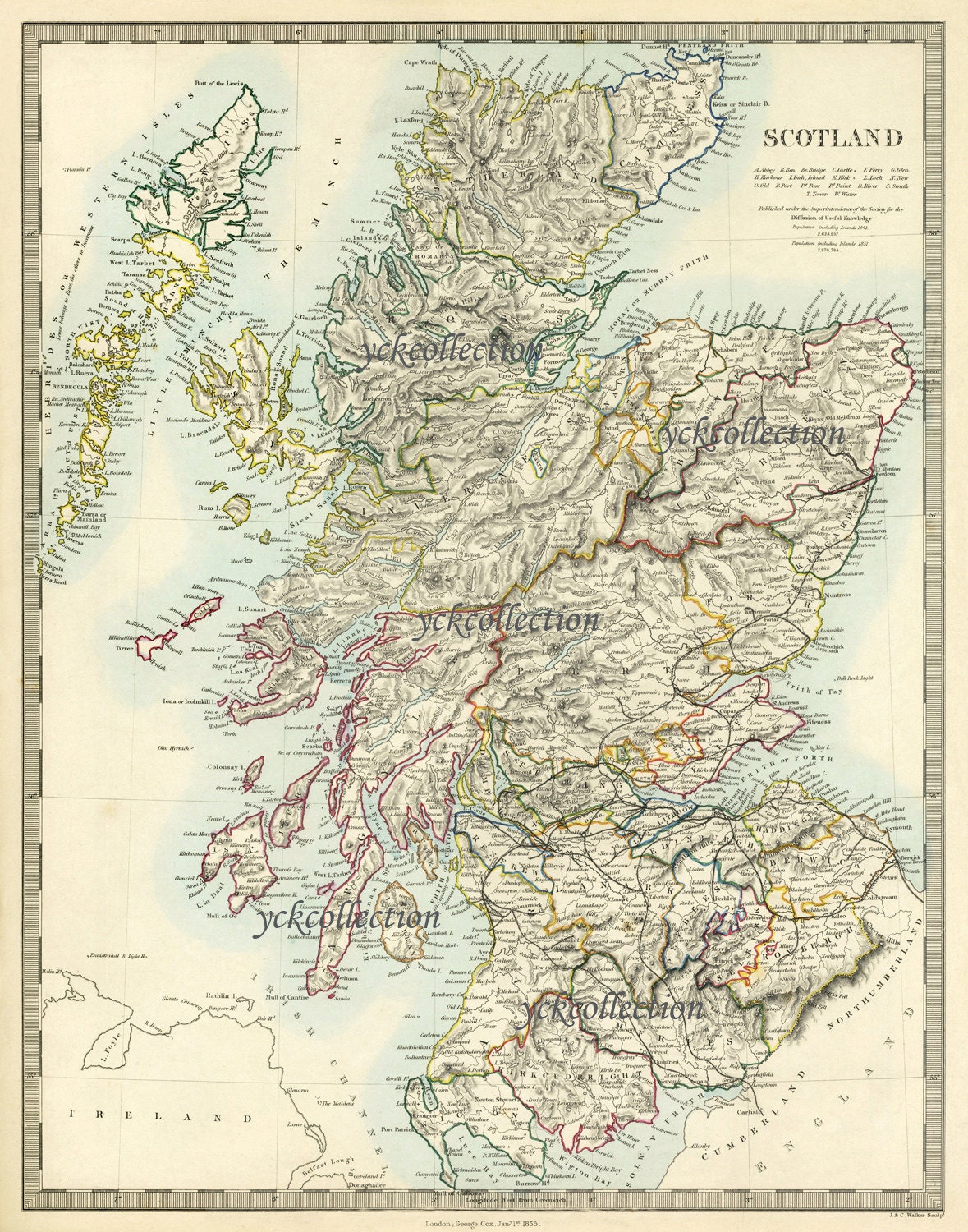 アンティークスコットランド地図印刷物（1856年） - 超高解像度