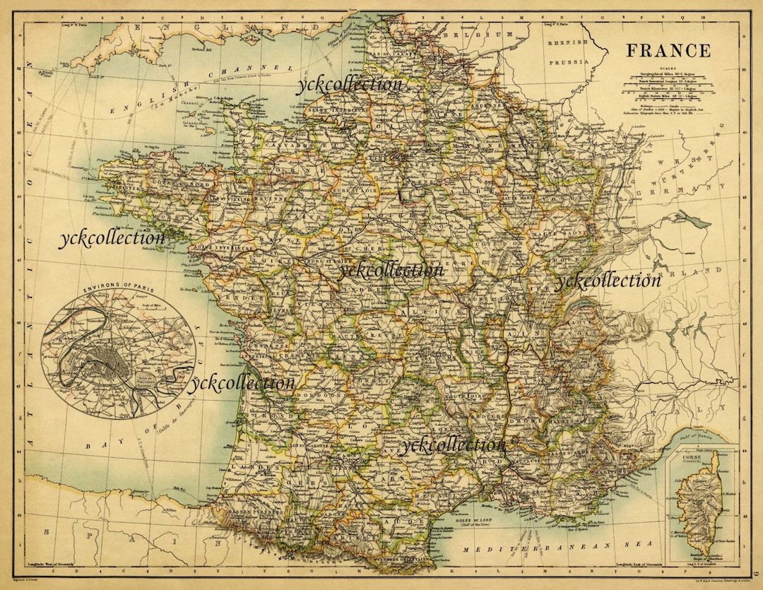 フランスアンティーク　MAP Antique France Map Print (1887) - Ultra High Resolution