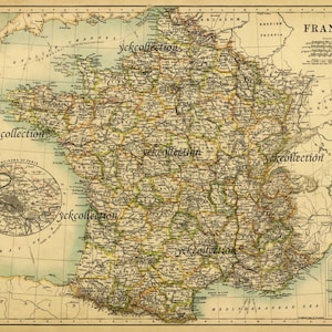 Mapa antigo da França (1887) Ultra Alta Resolução 8” x 10” a 36” x 46” 300 dpi download digital instantâneo