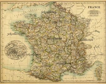 Impressão de mapa da França antiga (1887) - Resolução ultra-alta (download digital)