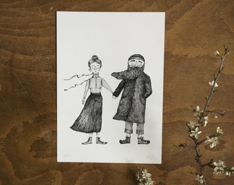 windy couple, victorian, illustration, drawing, beard, print, wall art