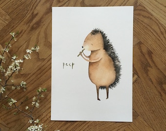 Hedgehog playing flute, woodland animal, orchestra, band member, illustration, drawing, print, poster, childrens room