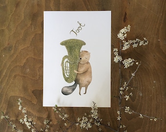 Beaver playing tuba, animal orchestra, woodland animals, illustration, kids rooms, childrens rooms, print