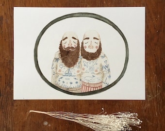 Sailor Couple print, tattoo, nautical, poster, art, illustration, beard