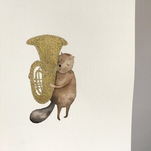 Mini original of a beaver playing tuba, woodland animal, illustration, water colour, music image 2