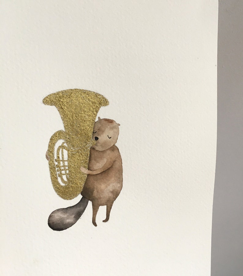 Mini original of a beaver playing tuba, woodland animal, illustration, water colour, music image 2